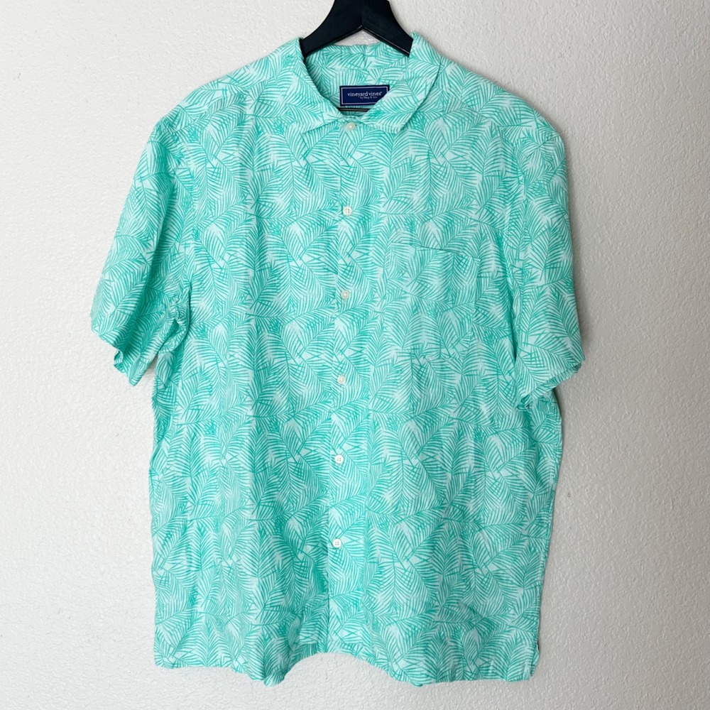 Vineyard Vines Mens‎ Tropical Palm Leaf Short Sleeve Button Up Linen Shirt L